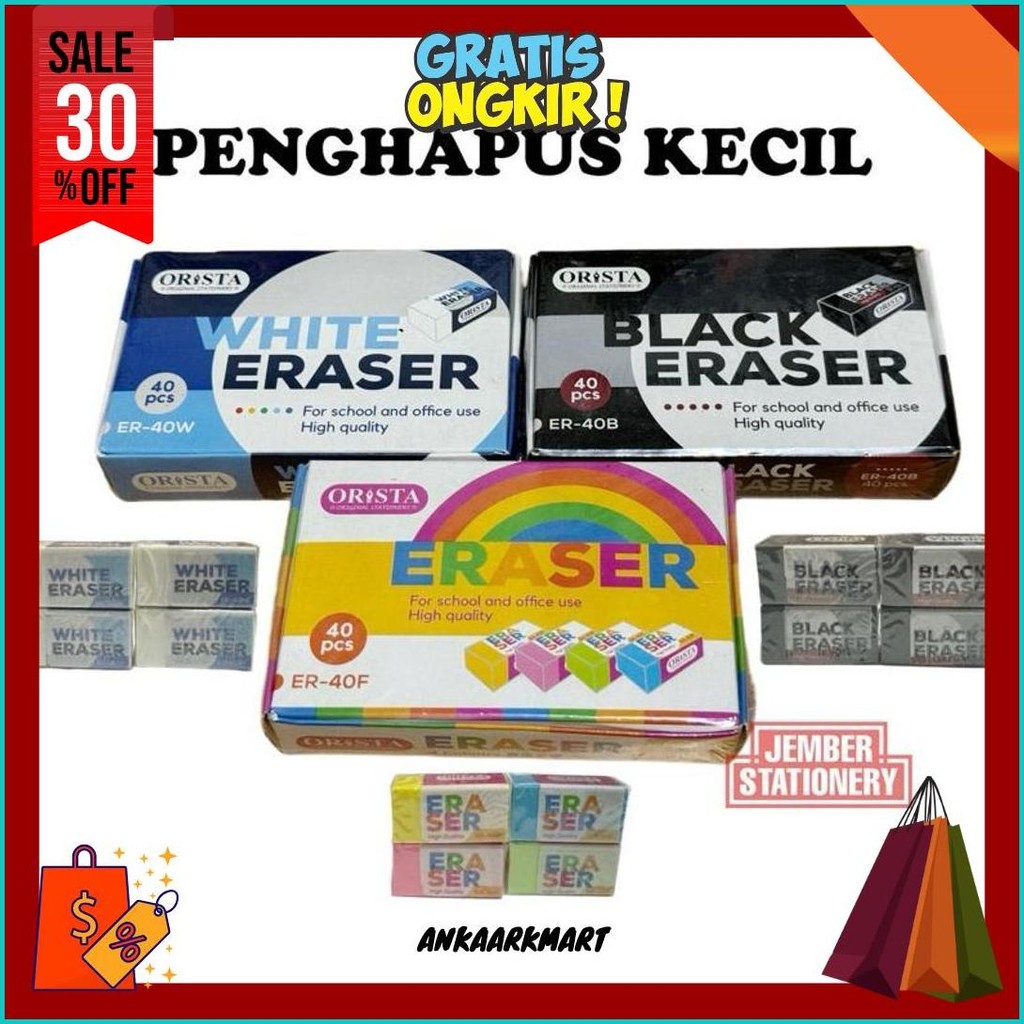 

(40Pcs) Penghapus Kecil Orista Kualitas Tinggi Hitam/Putih Terlaris