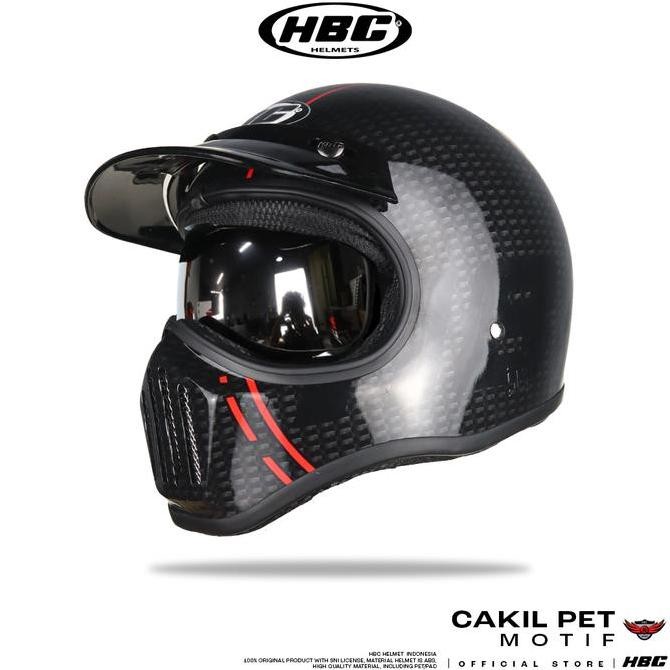 Helm HBC Cakil Pet Inner Visor MOTIF CARBON Helm Retro Full Face SNI `