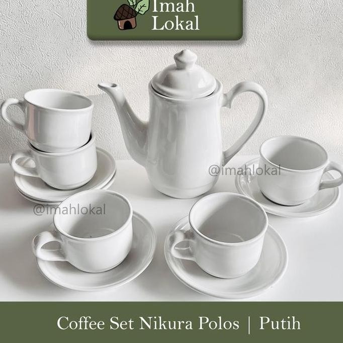 PROMO Tea set Nikura | Teko Set Keramik Nikura Polos | Teko Tutup | 5 Cangkir | 5 Saucer - Putih