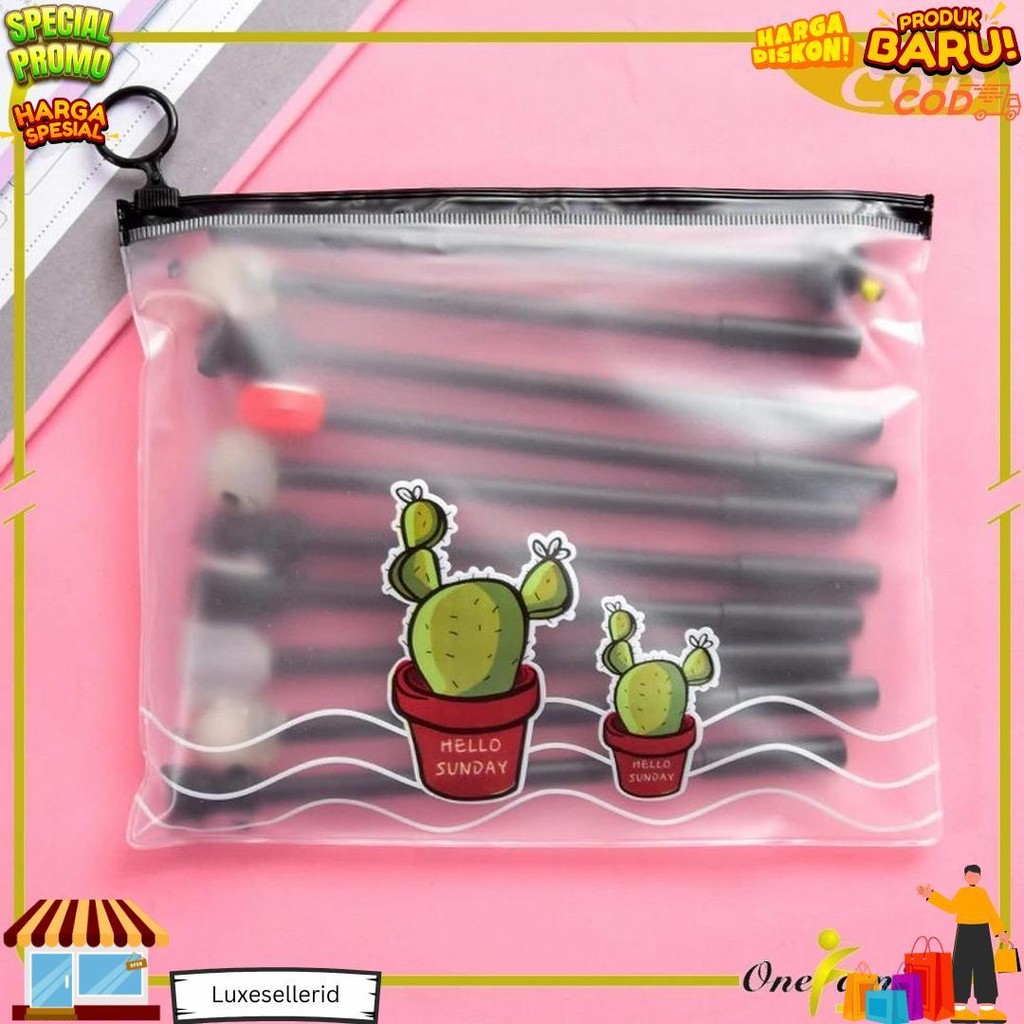 

One-A15 Pulpen Gel Karakter Lucu Set Isi 20Pcs Pena Free Zipper Pouch Tempat Pensil Transparan Murah D Promo Puncak