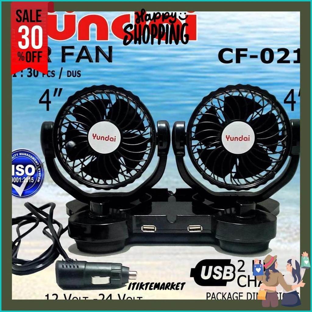 Kipas Angin Mobil 2 Kipas Dan 2 Usb Dc  24 Volt 4Inch Cf-021 Yundai Gratis Ongkir