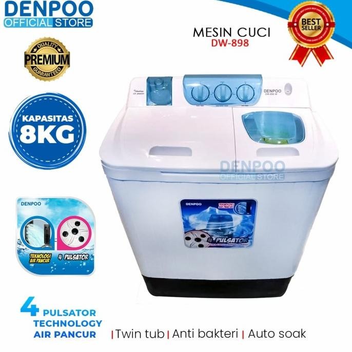 Murah Denpoo Mesin Cuci Semi Auto 2 Tabung DW 898SP, 8KG 4 PULSATOR Non COD