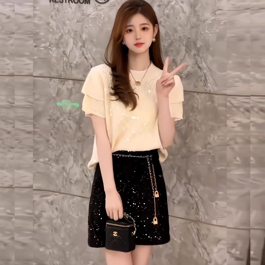 Baju Rajut Lengan Pendek, Gaya Korea Bordir Berat Payet Lengan Kelopak Desain Rasa Niche+Set Rok Pen
