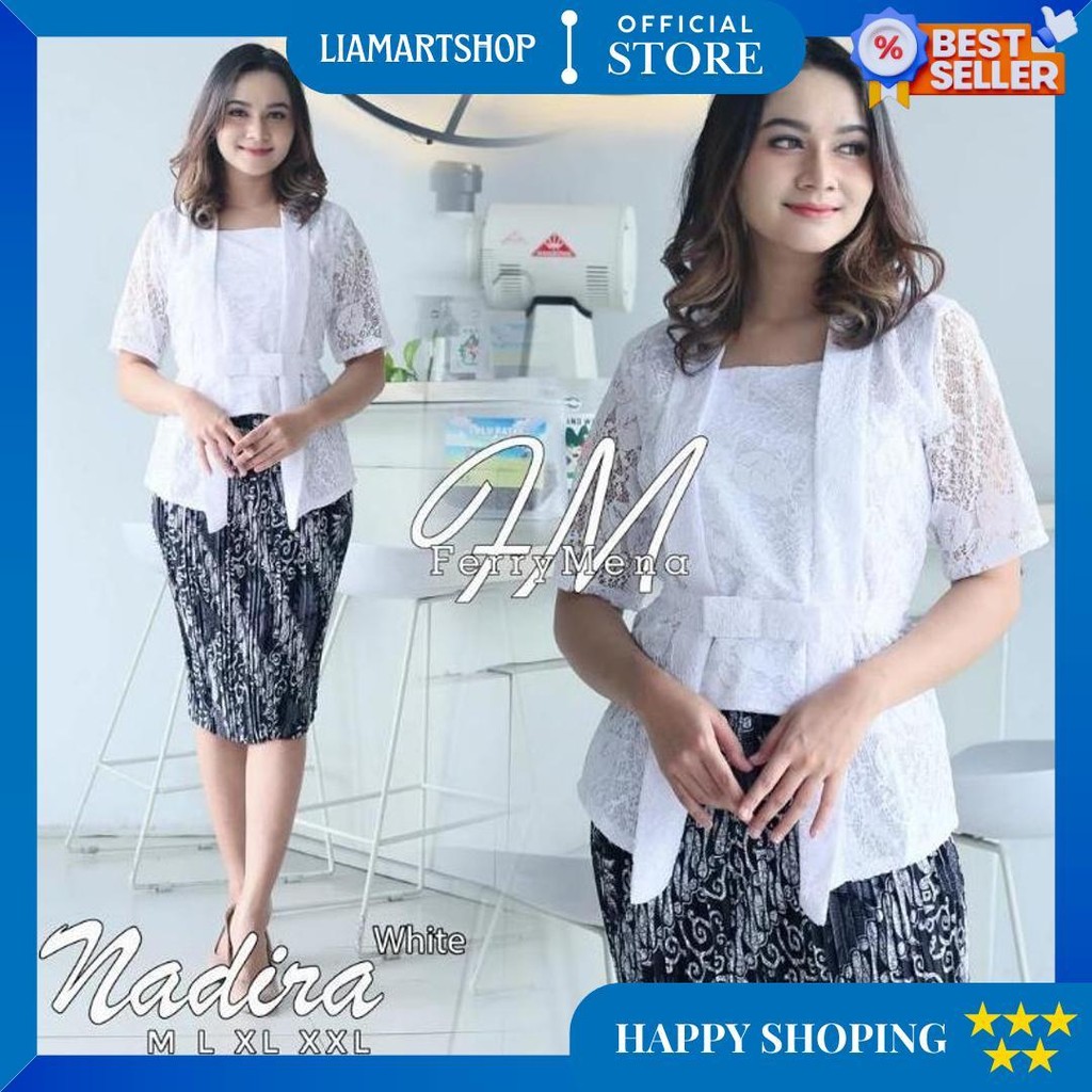 Setelan Kebaya Brokat Modern Atasan Kebaya Kutu Baru Lengan Pendek Nadira Mix Rok Plisket Batik Term