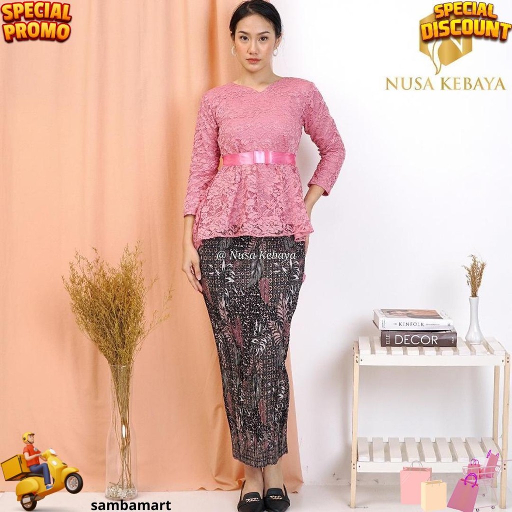 Setelan Kebaya Brukat Pinguin Set Rok Plisket Batik Untuk Kebaya Wisuda Modern Kondangan Seragaman P