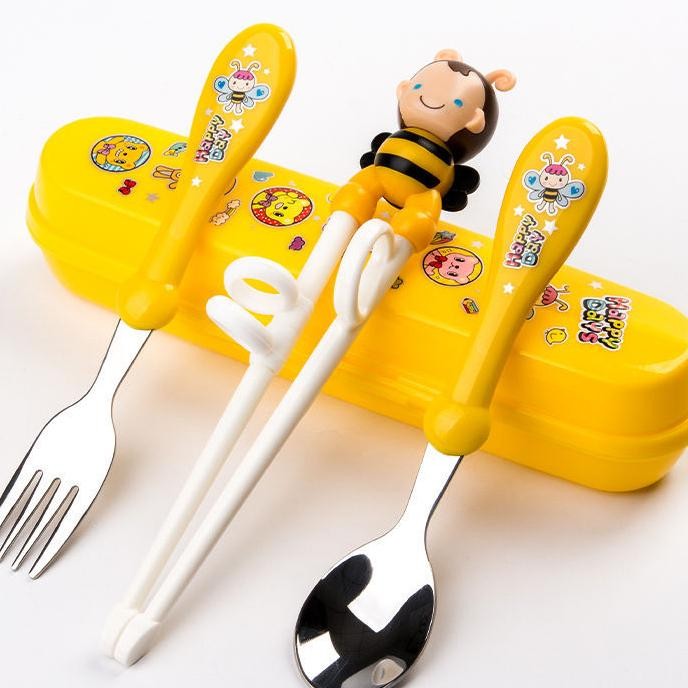 Set Alat Makan Stainless 4 in 1 Set sendok Gau Sumpit Anak Free Tempat Sendok Sumpit Latihan Anak Tr