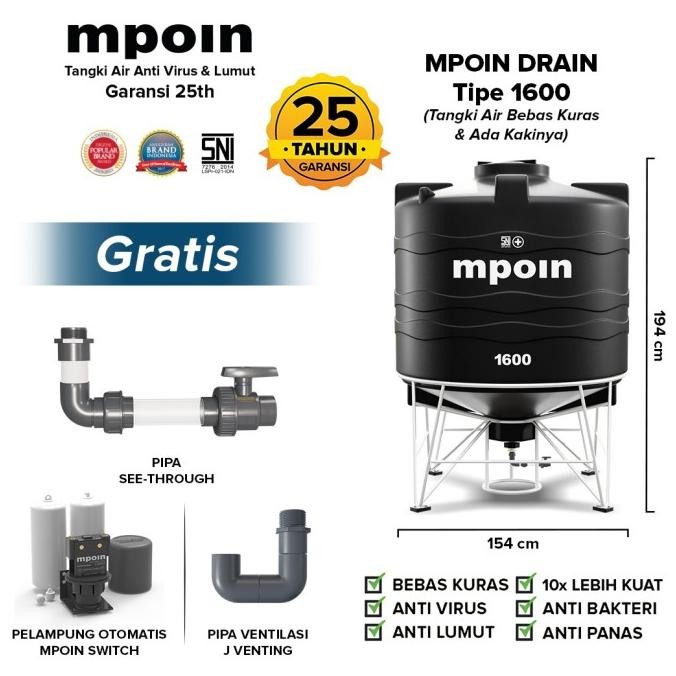 Diskon Tangki Air Mpoin Plus 1600 Liter Drain | Toren Air | Tandon Air