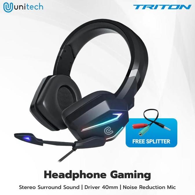 Headphone Gaming Kabel Unitech Triton + Mic + Splitter - Headset Geming Led Earphones Headphones Co