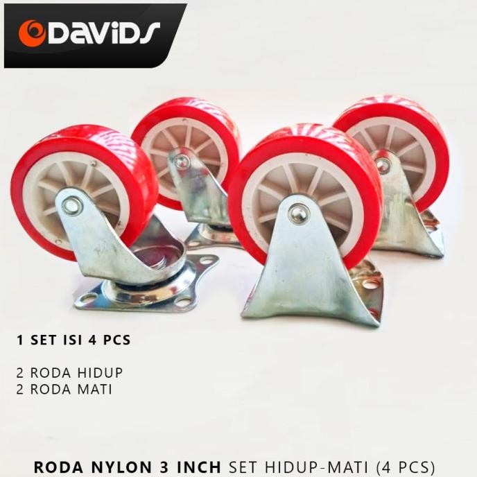 Roda Troli Etalase Lemari Ban Meja Caster Merah 3 Inch Set Hidup Mati New Stok