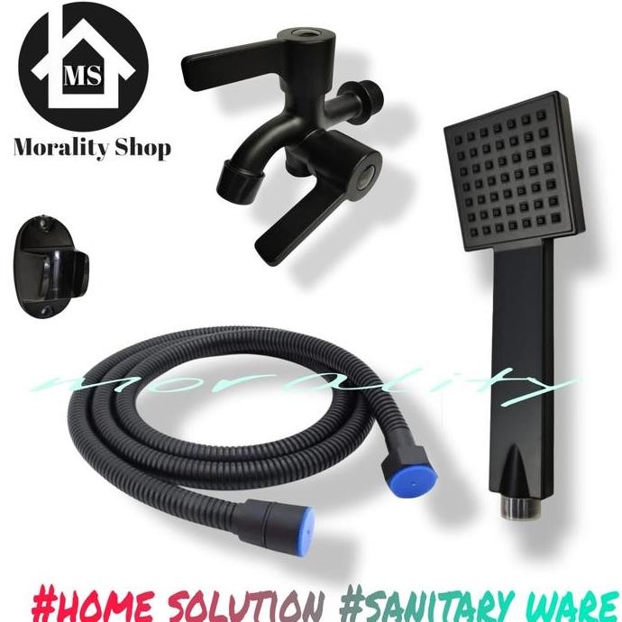Paket Kran Cabang 3/4 Hitam Dan Hand Shower Hitam Minimalis 17Bl Air Kotak Plastik New Stok