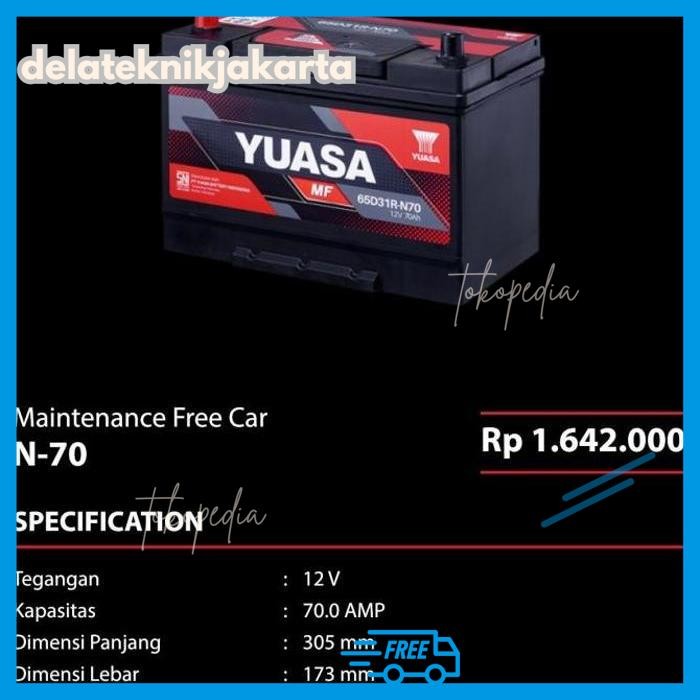 AKI MOBIL YUASA N70 12V 70AH ACCU KERING MF TERBAIK BY DELA TEKNIKJAKARTA 