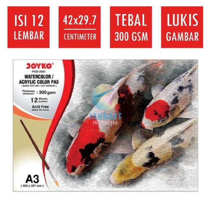 

(12 Lembar) Kertas Karton Kanvas Lukis A3 Tebal 300 Gsm Cat Air Watercolor Acrylic Akrilik Pad JOYKO PAD-2001 YAN