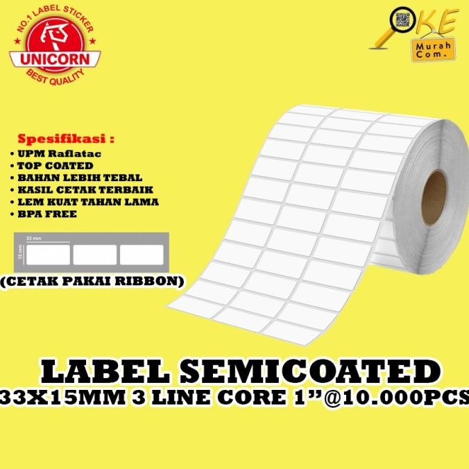 

Stiker Label Barcode Semicoated 33x15 mm / 33 x 15 mm / 33x15mm 3 Line Core 1 inch isi 10.000pcs murah