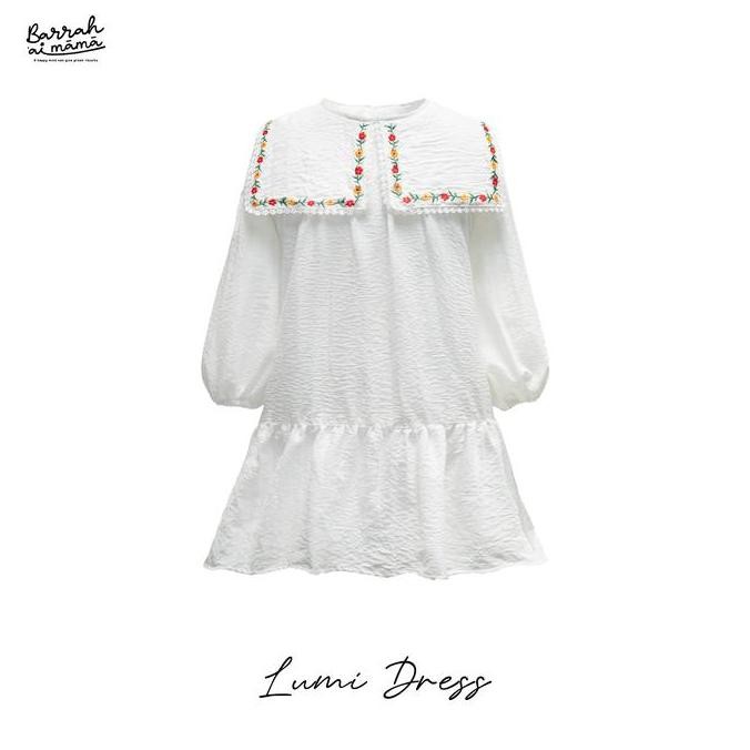 Barrahaimama  Baju  Dress Anak Perempuan Lengan Panjang Kerah Bordir Bunga Bahan Katun Polos Warna P