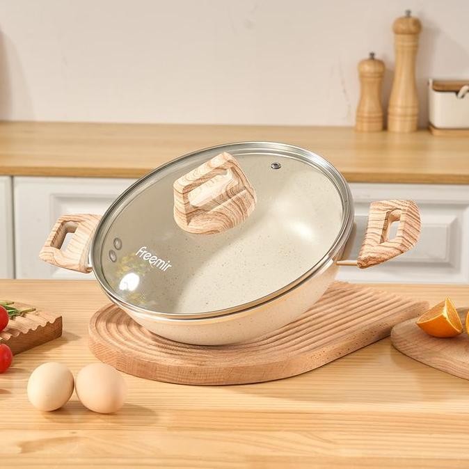 Murah [Special Masih Ngekost] Freemir 24 Cm Tinggi 7.5Cm Wajan Kuping Beige Panci Anti Lengket Pengg