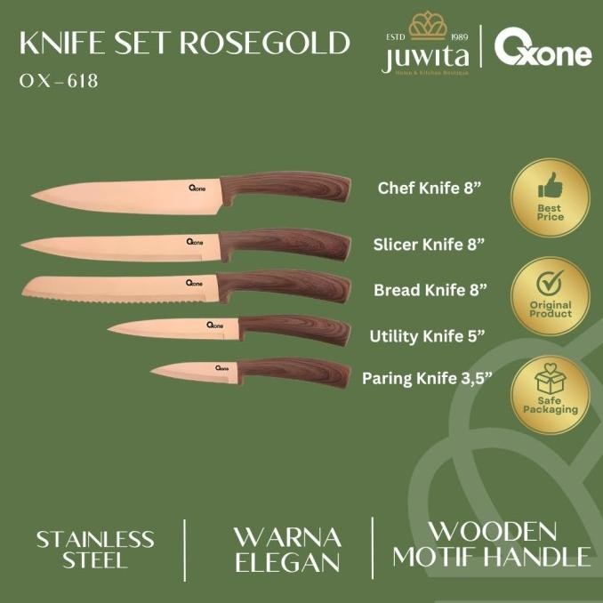 Sale Oxone Ox618 Knife Set Pisau Rosegold Wooden Handle 5 Pcs Stainless Steel