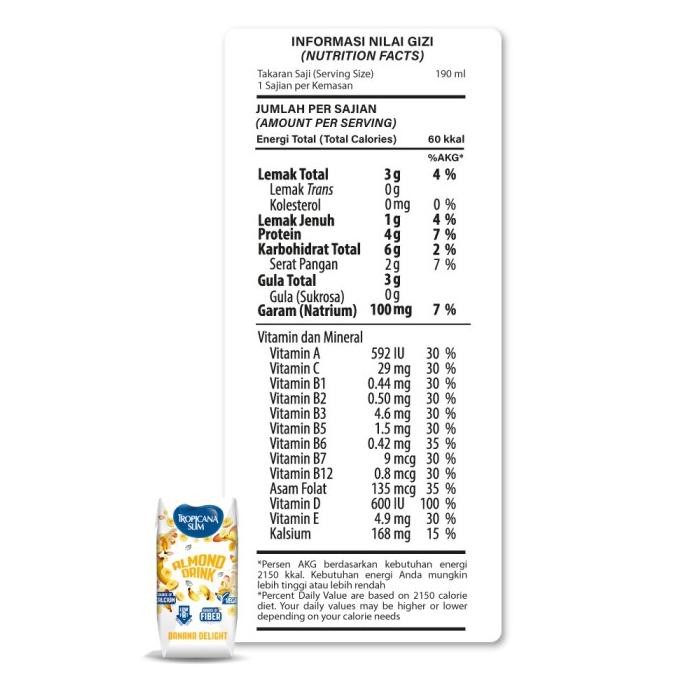 

Grosir Tropicana Slim Rtd Almond Drink Banana Delight 190 Ml (24Pcs) - Minuman Almond Pisang Bebas Gula