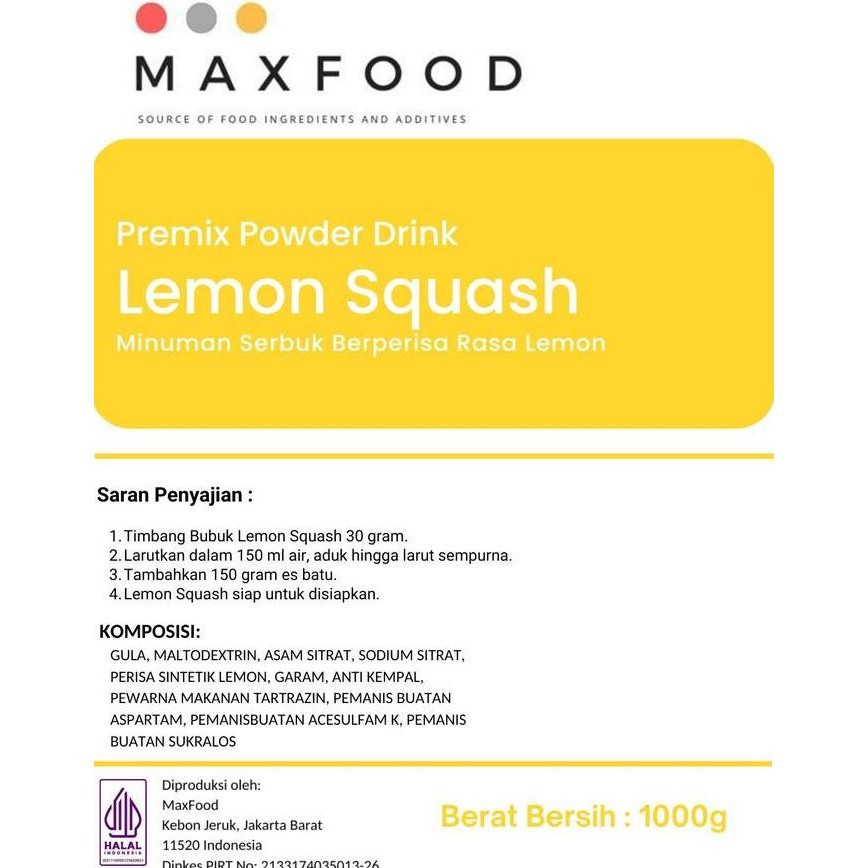

Grosir Lemon Squash Powder Drink / Bubuk Serbuk Minuman Squash Rasa Lemon 1 Kg