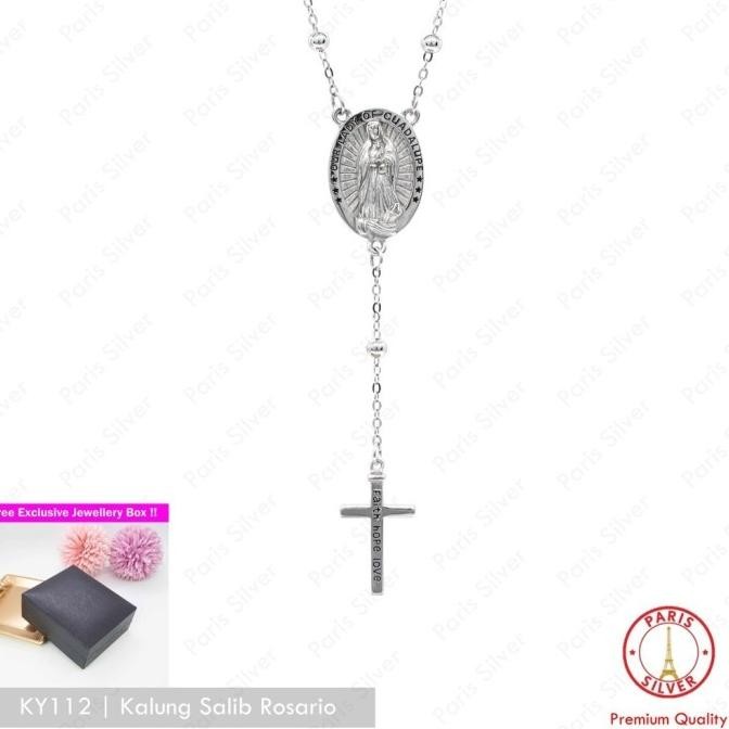 Kalung Salib Rosario Perak Asli Silver 925 Lapis Emas Putih Liontin REZ