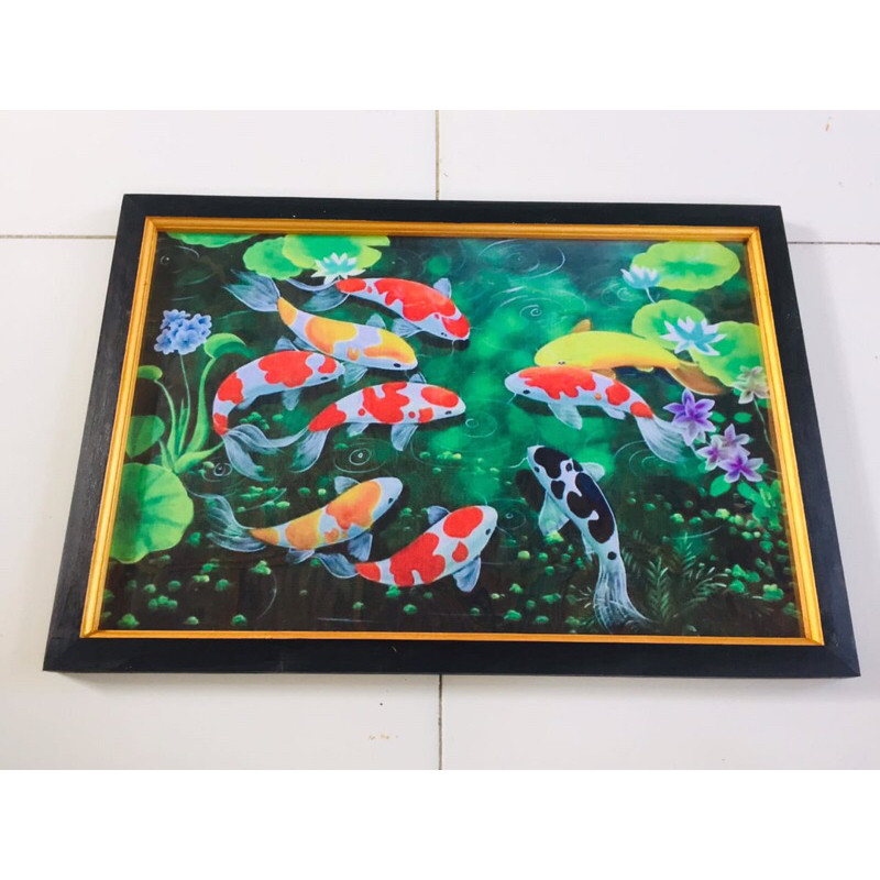 Promo !!! Hiasan Dinding Plus Bingkai Lukisan Cetak 9 Ikan Koi Paling Laris