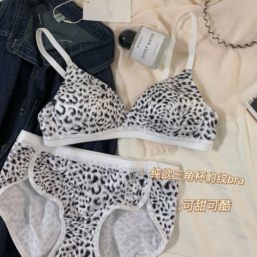 Set Bra Cetakan Macan Tutul Cup Segitiga Dada Kecil Anti-Sagging