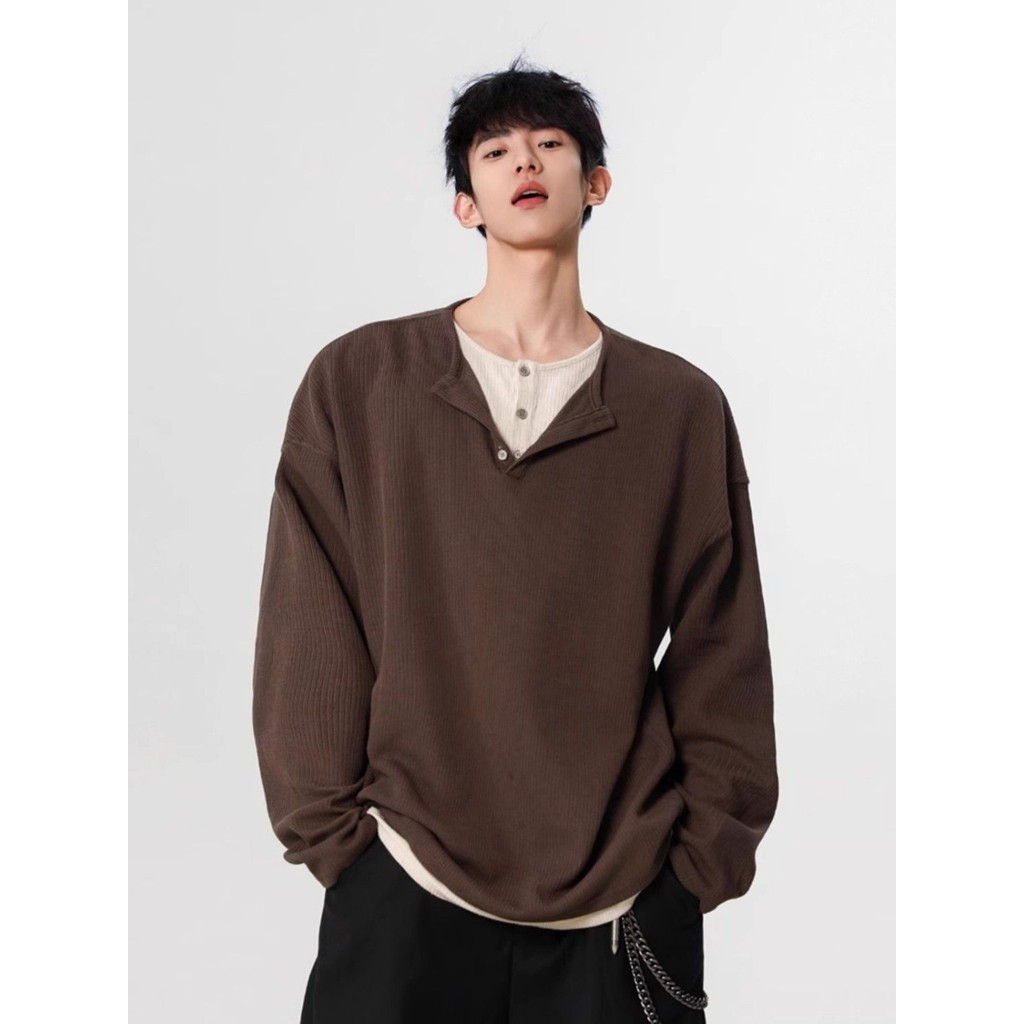 Roar Wild.YY-Kaos Lengan Panjang Kerah Henry Palsu Pria Dua Potong Retro Amerika