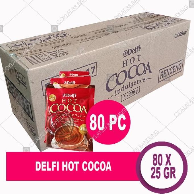 

BARU DELFI HOT COCOA 1 KARTON 80 PCS X 25 GR, MINUMAN COKELAT BUBUK DELFI HOT COCOA INDULGENCE 1 DUS