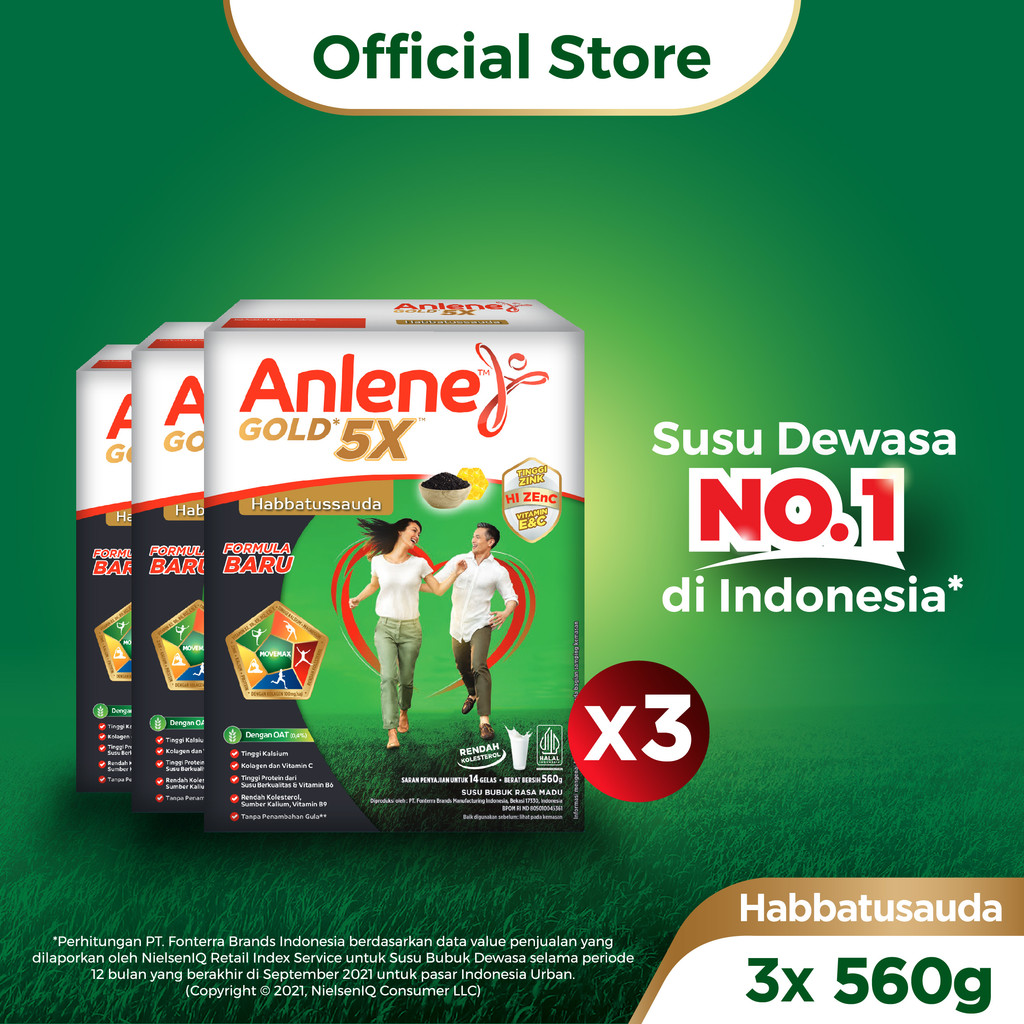 

Anlene Gold 5X Habbatussauda Susu Bubuk Dewasa Madu 3 x 560g - Nutrisi Tinggi Kalsium Untuk Tulang, Sendi, dan Otot