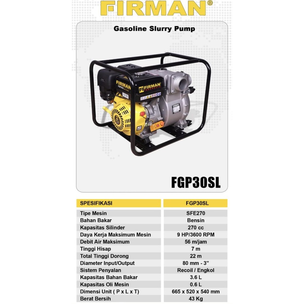 FGP30SL Firman Gasoline Slurry Pump/ Pompa Lumpur Firman 3" murah
