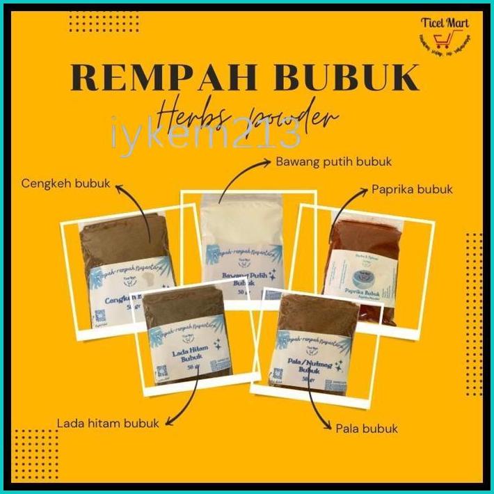 

50GR | REMPAH BUBUK | HERBS AND SPICES POWDER | REMPAH HERBAL BUBUK KUNYIT JAHE JINTEN ADAS MANIS KAYU MANIS KETUMBAR PAPRIKA CABE RAWIT LADA PUTIH LADA HITAM CENGKEH PALA BAWANG PUTIH PEKAK KAPOL KETUMBAR