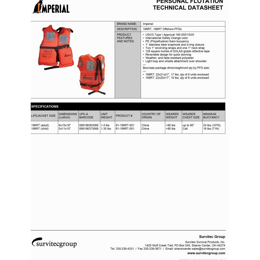 Safety Life Jacket Imperial Usa 198Rt, Basic Offshore Pfd (Pelampung)