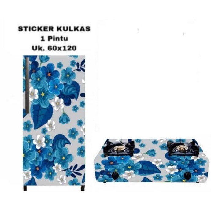 TERBARU STIKER KULKAS 1 PINTU SET KOMPOR MOTIF BUNGA SAKURA BIRU STICKER