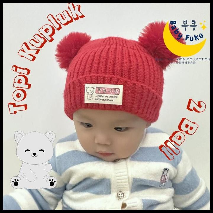Terlaris Baby.Fuku Topi Kupluk 2 Ball Bear Kupluk Model Bola Beruang Topi Bayi Kupluk Bayi Bahan Wol