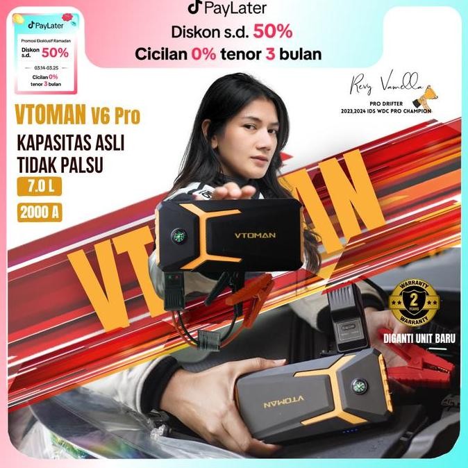 Promo (Upgrade) Vtoman V6 Pro Jumper Aki Mobil Dan Motor Kapasitas 10000Mah, Jumper Aki Kendaraan, P