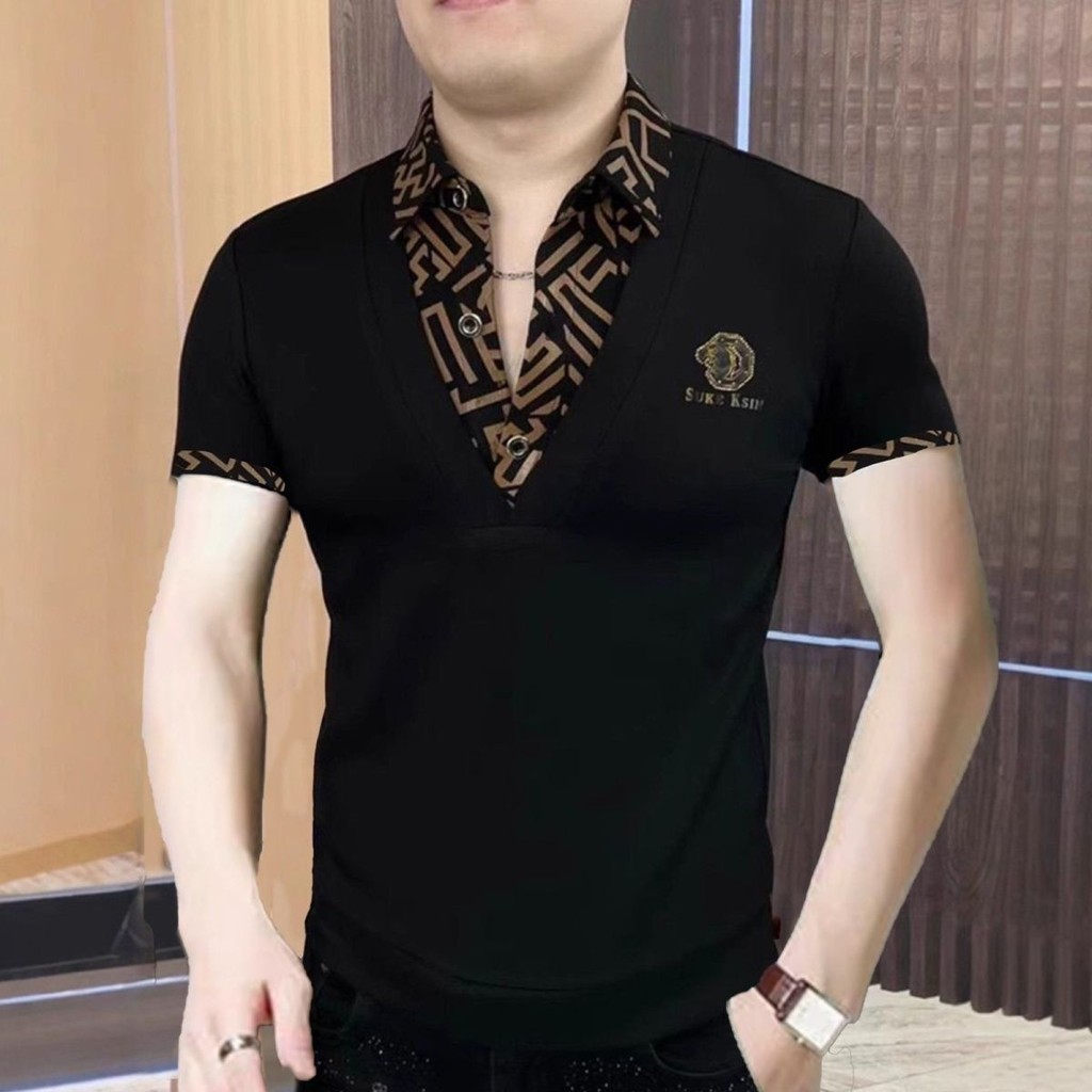 Kemeja Pria Lengan Pendek Kerah Turun Palsu Dua Potong Bergaya POLO Kemeja