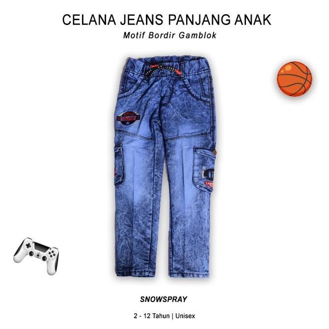 Celana Jeans Panjang Anak Model Cargo Usia 1-12 Tahun Warna Hitam, Snowblue & Snowspray Motif Bordir