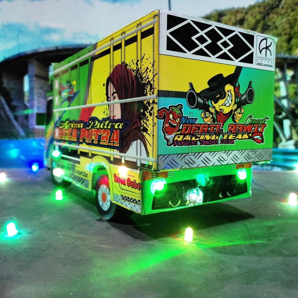 Truk Oleng Miniatur Kayu Asli  Full Variasi HM CabeLampu Kelap Kelip Terpal Roda Kayu Mainan Anak La
