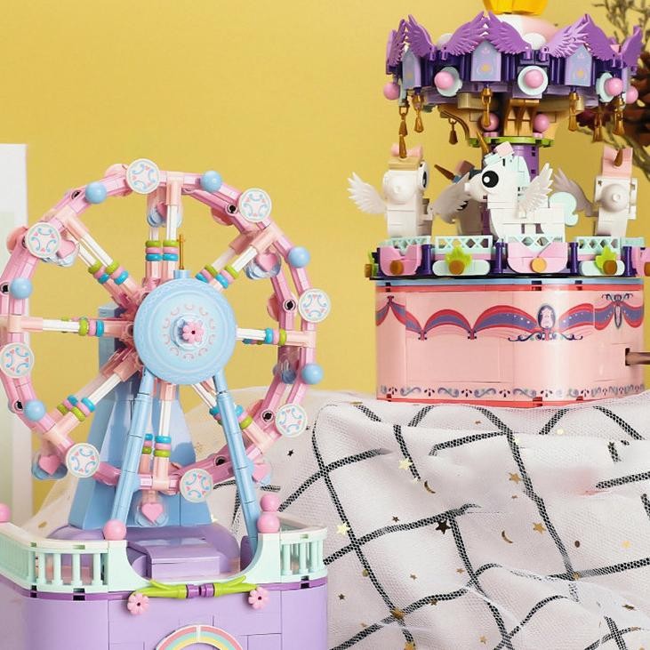 CODKotak Musik Kincir Ria / Mainan Brick Balok / DIY Blok Susun Bangunan Lucu Kotak Music /Taman Hib