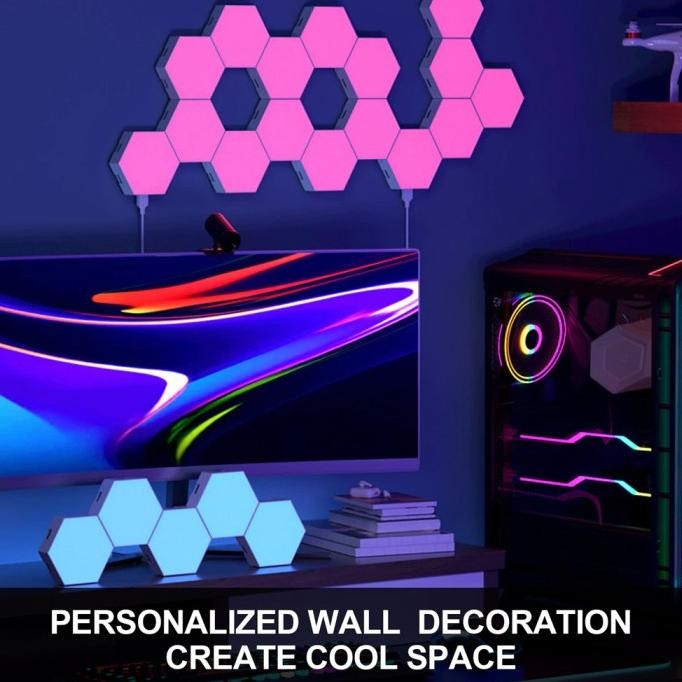Lampu Hexagonal RGB LED 3 6 10 Pcs Light Lamp Hexagon Hias Dekorasi Interior Kontrol Aplikasi Remote