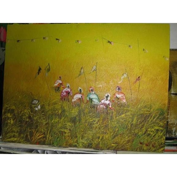 BEBAS ONGKIR - Lukisan Panen Padi Menguning (60x80) Handmade Asli Bali