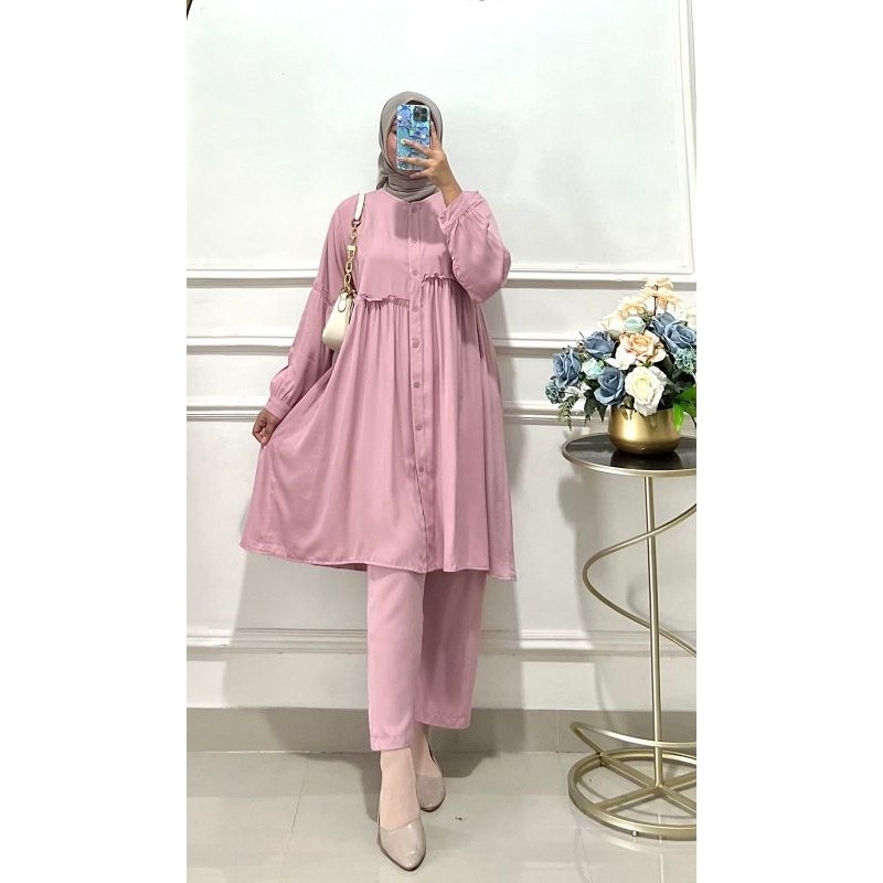 Bergaransi Raisya Set Tunik/ Setelan Tunik Polos/ Setelan Baju Muslim Polos Wanita/ Setcel Long