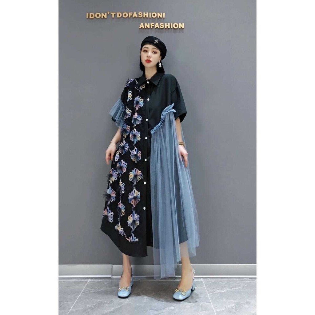 European and American Style Plus Size Girl's Vintage Elegant Mesh Shirt Dress