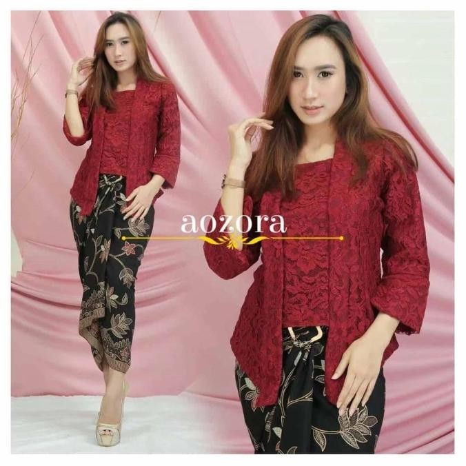 Promo Setelan Kebaya Kutubaru Brokat Busui Warna Merah Maroon / Kebaya Encim