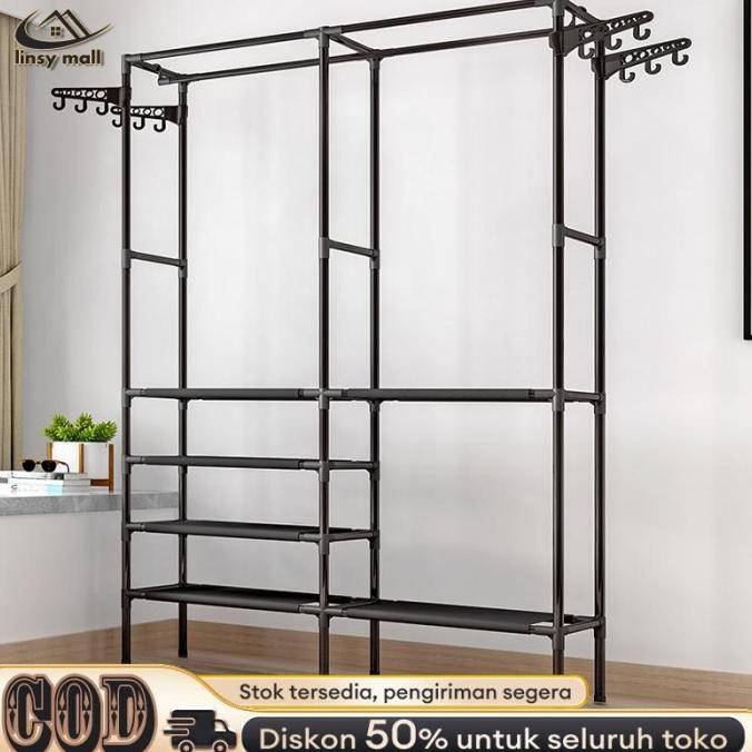 Rak Baju Gantung Minimalis Rak Gantungan Baju Sudut Lemari Pakaian Portable - Tanpa Tutup Gantung