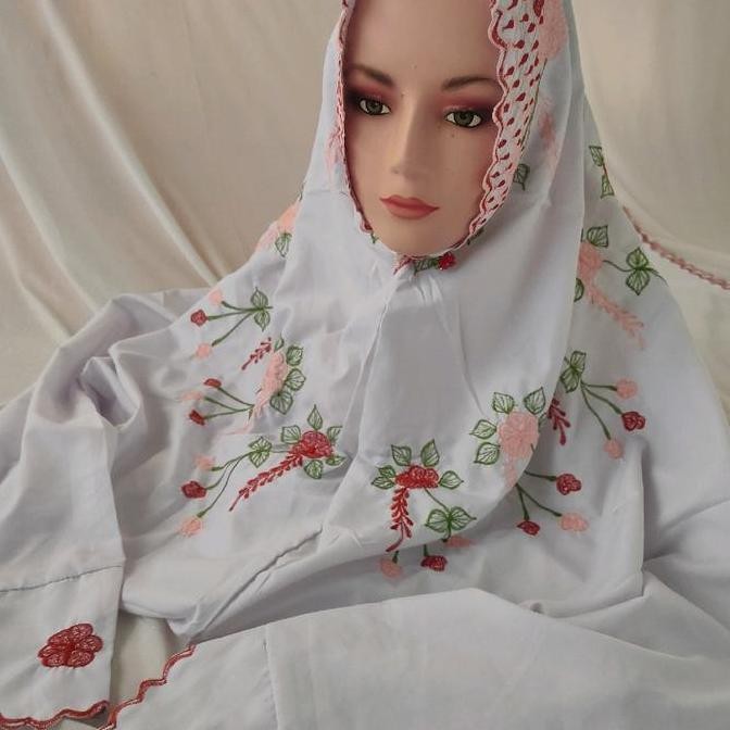 READY MUKENA DEWASA PUTIH TERUSAN BORDIR BUNGA HITAM | MUKENA LAJURAN/LANGSUNGAN PUTIH SANTRI REMAJA