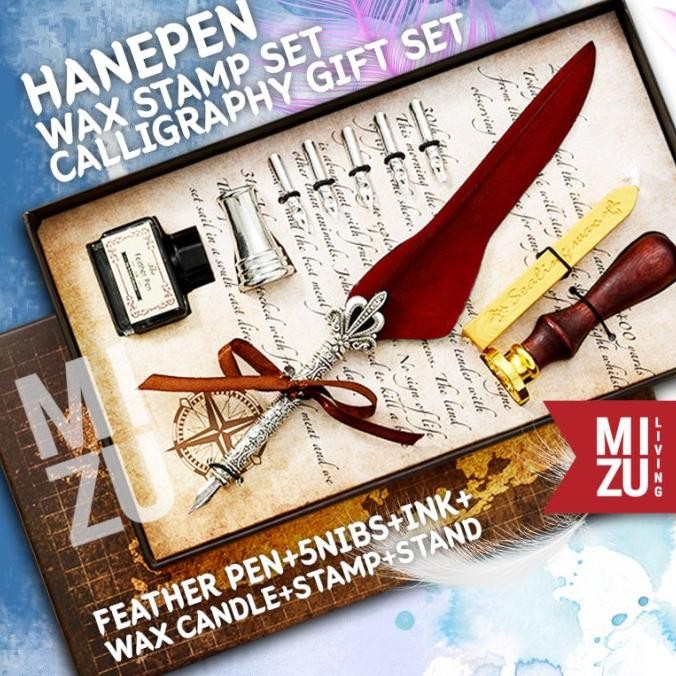 

MIZU HANEPEN WAX SEAL Calligraphy Set Feather Pen Bulu 6 Nibs Stempel by Radhiant official