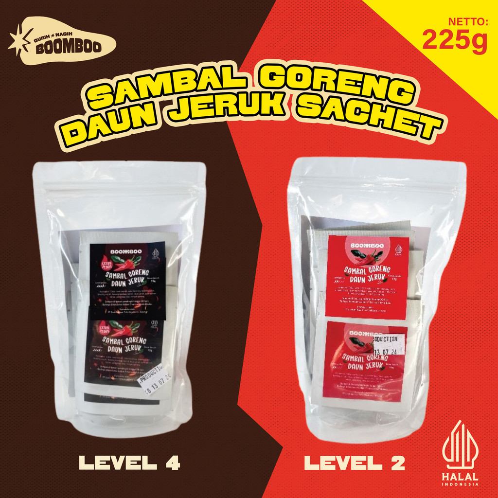 

BOOMBOO Sambal Goreng Daun Jeruk Halal 180gr – Level 2 & Level 4 Sachet 12gr x 15
