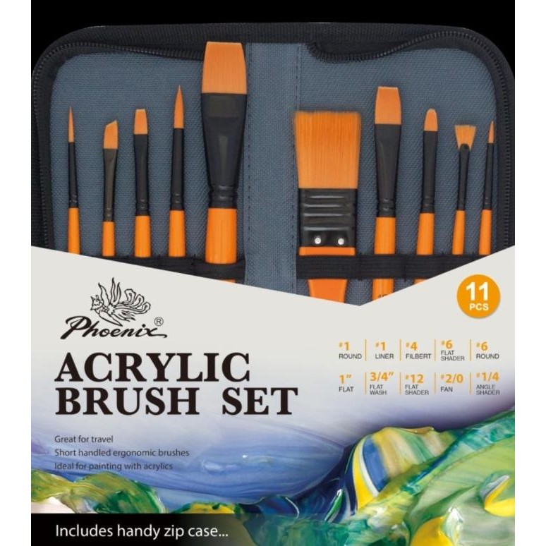 

kuas set acrilic sisi 11pcs (10 kuas 1 pouch) phoenix acrilic brush se