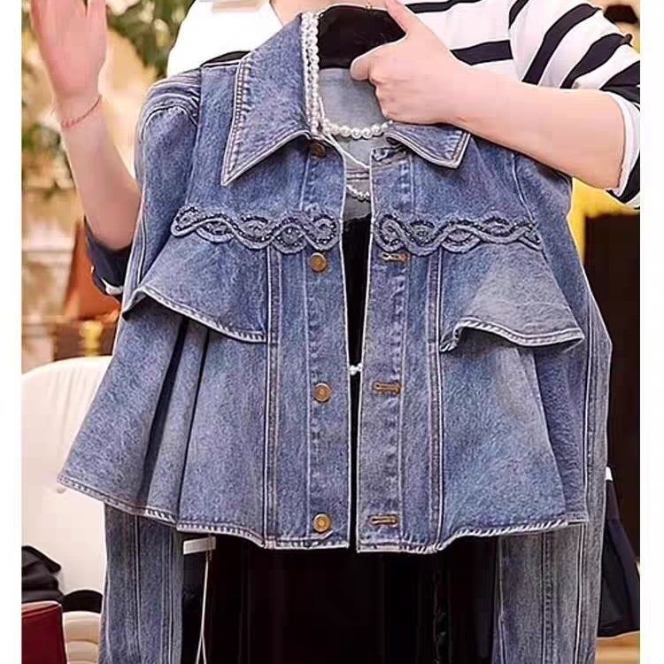 Jaket Denim Patchwork Biru untuk Wanita Desain Gaya Cina Baru Jaket Warna Solid