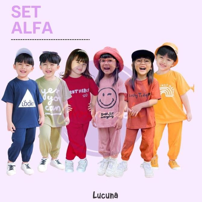 ready setelan anak unisex alfa lucuna mix warna size 1-5tahun katun parsel bayi perempuan